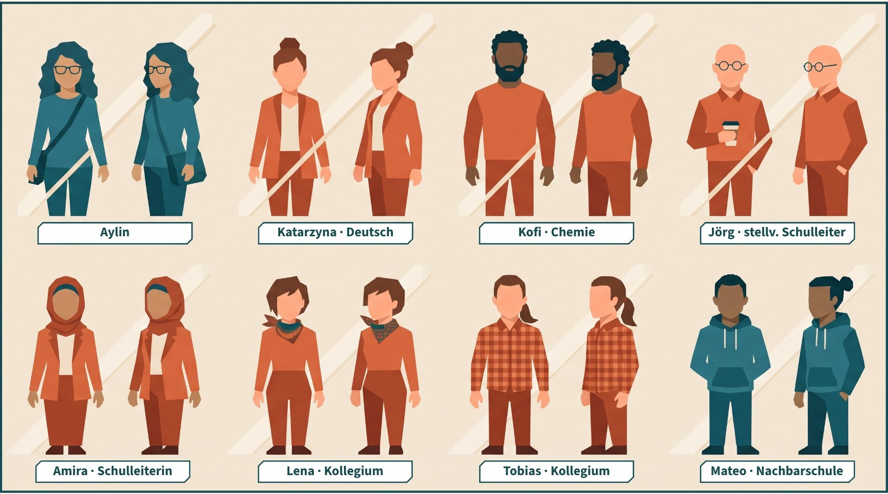 Wer ist wer: Aylin und Mateo haben an ihren Schulen die Rolle EduTechnologist – man erkennt sie an der Kleidung in Teal. Aylin, Katarzyna · Deutsch, Kofi · Chemie, Jörg · stellv. Schulleiter, Amira · Schulleiterin, Lena · Kollegium, Tobias · Kollegium, Mateo · Nachbarschule.