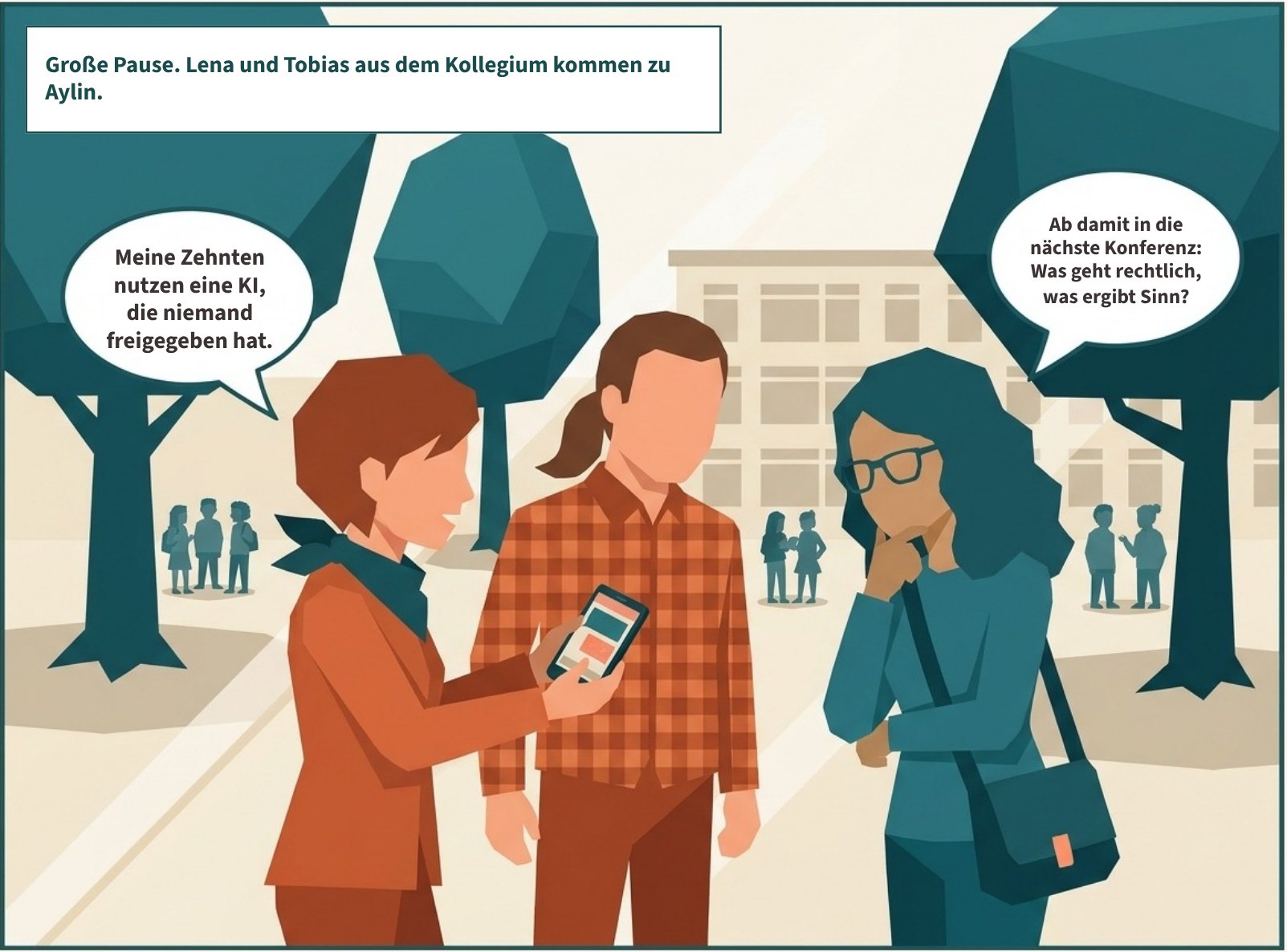 Szene 5: Lena zeigt Aylin auf dem Smartphone ein Chatfenster (ohne lesbaren Inhalt). Tobias nickt. Aylin hört zu, die Hand am Kinn. Große Pause. Lena und Tobias aus dem Kollegium kommen zu Aylin. „Meine Zehnten nutzen eine KI, die niemand freigegeben hat.“ „Ab damit in die nächste Konferenz: Was geht rechtlich, was ergibt Sinn?“