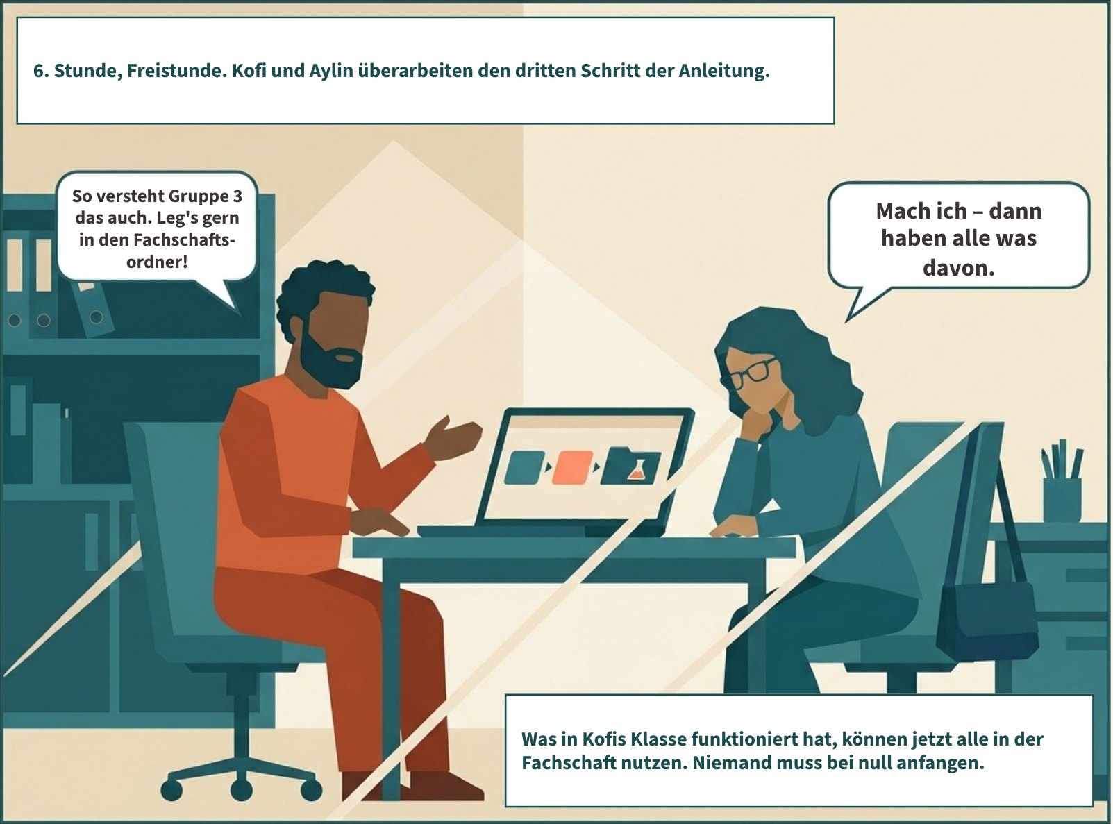 Szene 7: Aylin und Kofi sitzen nebeneinander am Laptop. Auf dem Bildschirm eine Anleitung mit drei Schritten, der dritte Schritt ist markiert. Danach zieht Aylin die Datei in einen Ordner mit einem Kolben-Symbol (Fachschaft Chemie). 6. Stunde, Freistunde. Kofi und Aylin überarbeiten den dritten Schritt der Anleitung. „So versteht Gruppe 3 das auch. Leg's gern in den Fachschaftsordner!“ „Mach ich – dann haben alle was davon.“ Was in Kofis Klasse funktioniert hat, können jetzt alle in der Fachschaft nutzen. Niemand muss bei null anfangen.