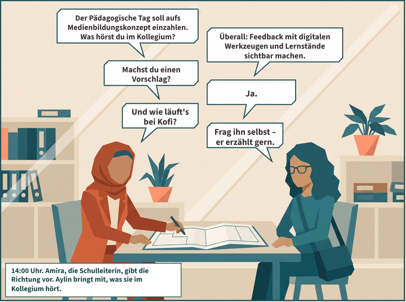 Szene 8: Aylin und Amira sitzen sich am Tisch gegenüber, dazwischen ein großer Plan. Amira zeigt mit dem Stift auf den Plan. „Der Pädagogische Tag soll aufs Medienbildungskonzept einzahlen. Was hörst du im Kollegium?“ „Überall: Feedback mit digitalen Werkzeugen und Lernstände sichtbar machen.“ „Machst du einen Vorschlag?“ „Ja.“ „Und wie läuft's bei Kofi?“ „Frag ihn selbst – er erzählt gern.“ 14:00 Uhr. Amira, die Schulleiterin, gibt die Richtung vor. Aylin bringt mit, was sie im Kollegium hört.